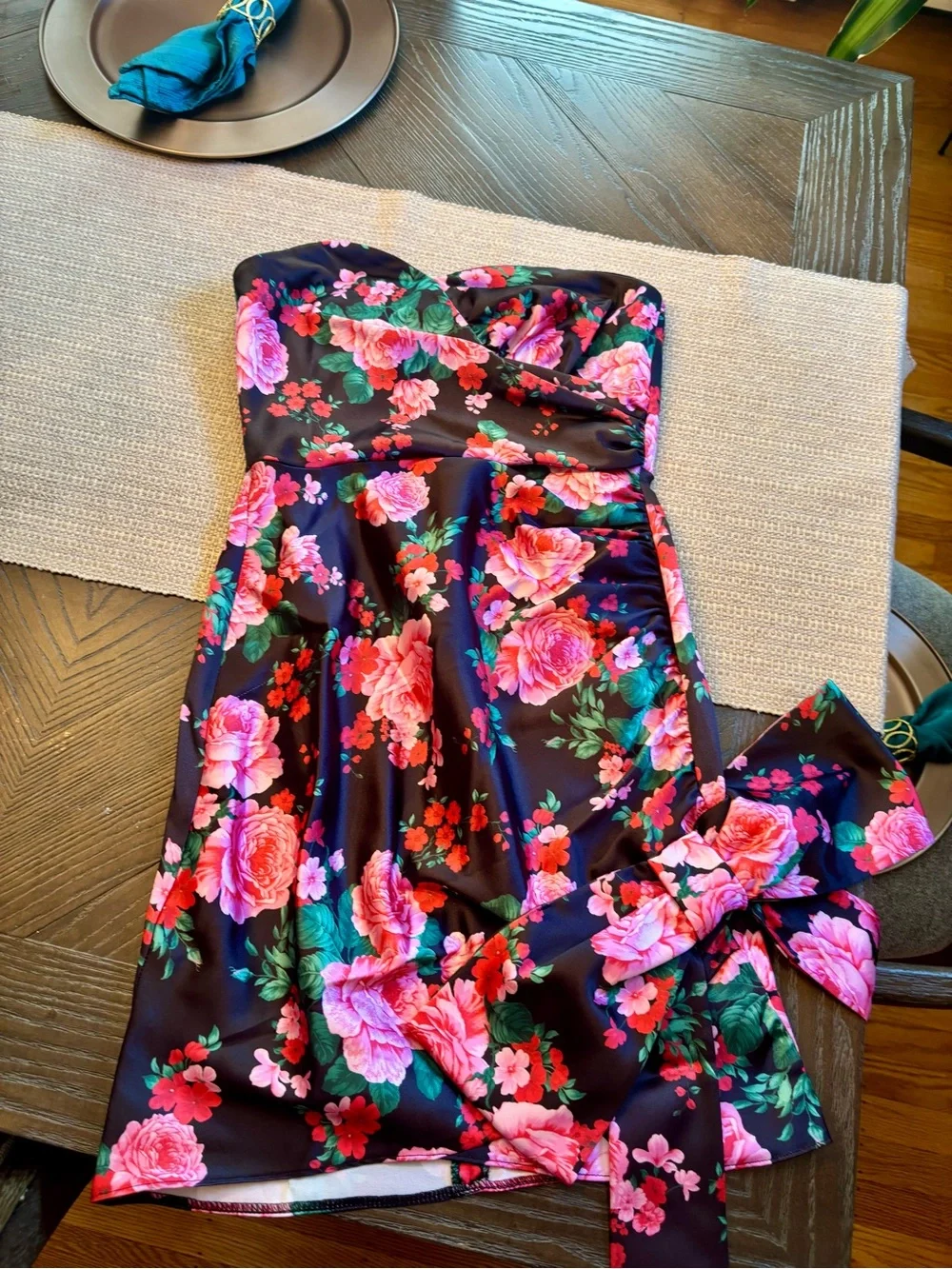 ASOS Black Strapless Dress with Pink Floral Print